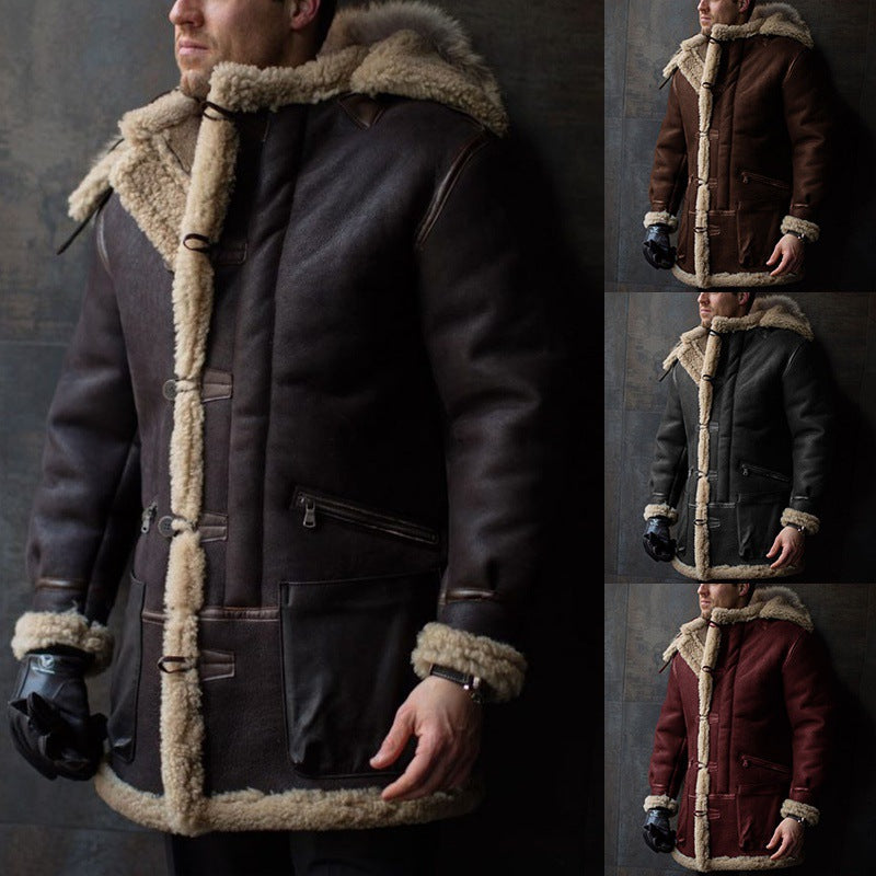 Herren Lammfell-Mantel mit Kapuze und praktischen Taschen Echoarchiv