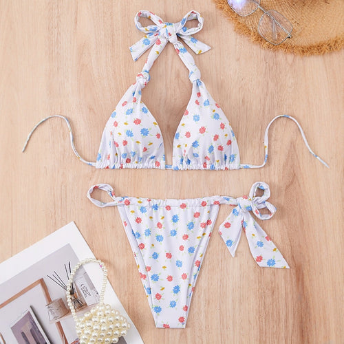 Damen Floral gemusterter Triangel-Bikini mit verspieltem Bindeband Echo Archiv