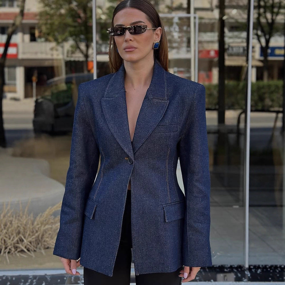 Damen taillierter Jeansblazer mit geschwungenem Revers Echoarchiv