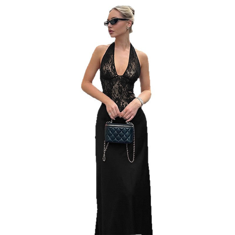 Damen Elegantes Maxikleid mit tiefem V-Ausschnitt und Spitzeneinsatz Echo Archiv