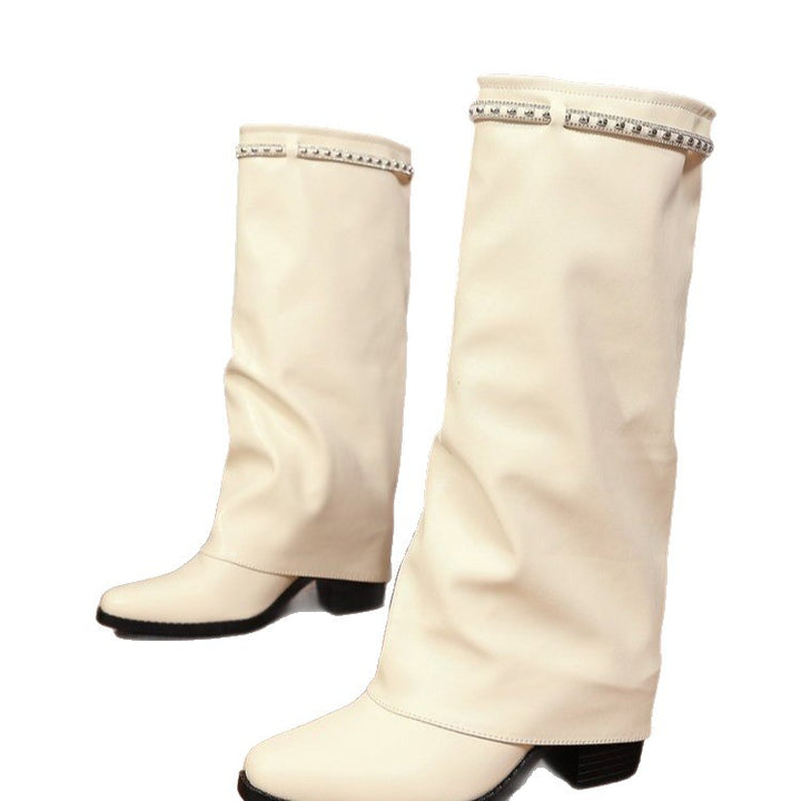 Damen Kniehohe Slouch‑Stiefel mit niedrigem Blockabsatz und Strassbesatz – Lioré