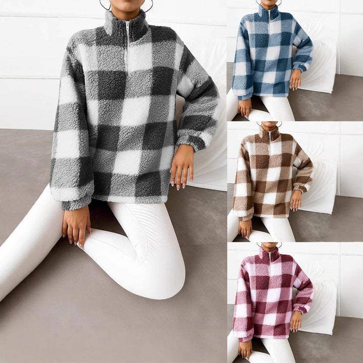 Damen nan kariertes Teddy-Fleece Pullover mit Stehkragen und halbhohem Reißverschluss Echo Archiv