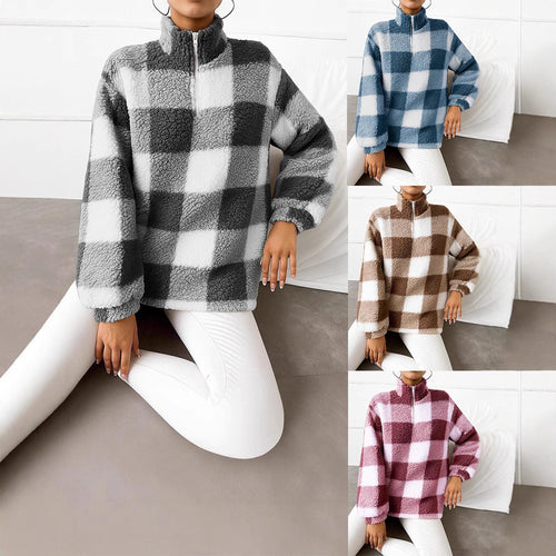 Damen nan kariertes Teddy-Fleece Pullover mit Stehkragen und halbhohem Reißverschluss Echo Archiv