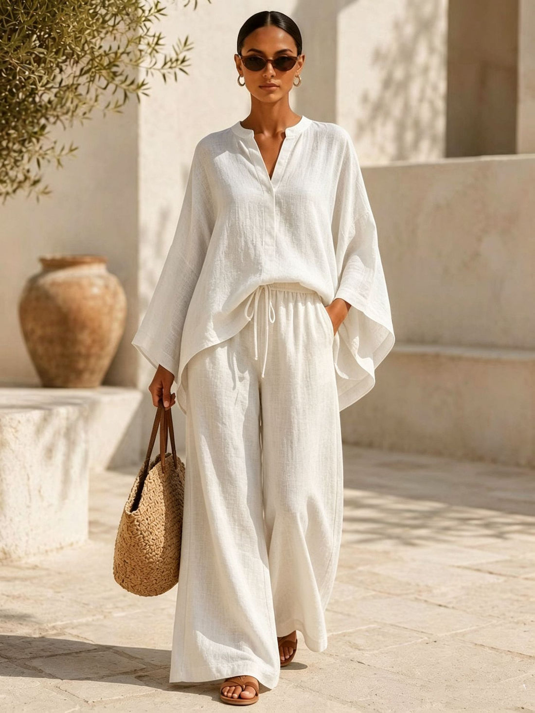 Damen Leichte Leinenmischung Übergroße Kaftan-Oberteil und Kordelzug Weitbein-Hosen Set – Élanora