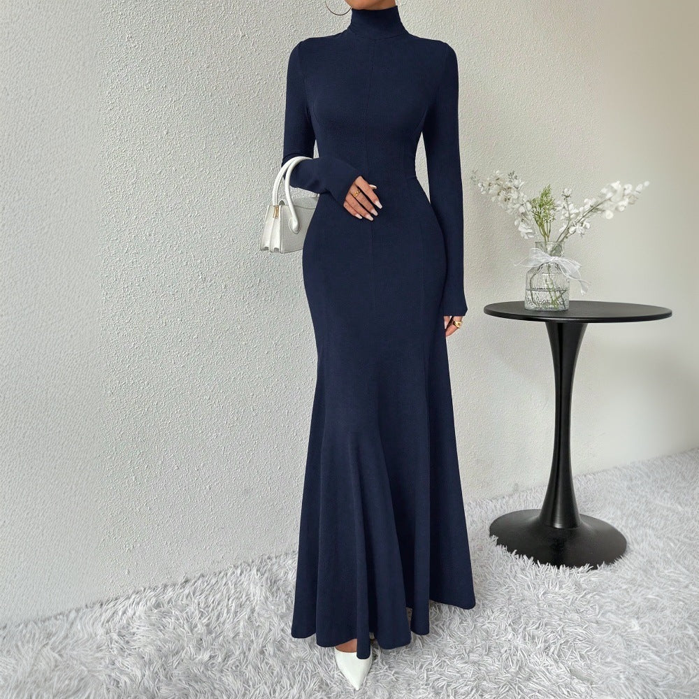 Damen figurbetontes Rollkragen-Maxikleid mit Meerjungfrauen-Silhouette, langen Ärmeln und formendem Stretch-Jersey – Valéora