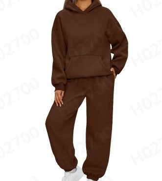 Damen nan gemütliches French-Terry Loungewear-Set mit doppellagiger Kapuze, Kängurutasche und elastischem Knöchel-Jogger Echo Archiv