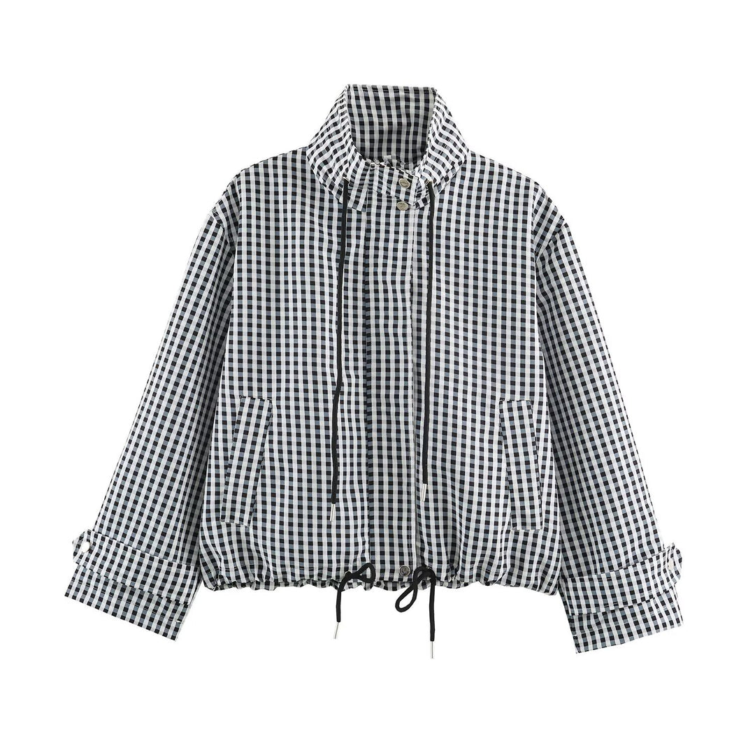 Damen Kurzjacke im Karo‑Look mit Tunnelzugsaum und hohem Stehkragen Echoarchiv