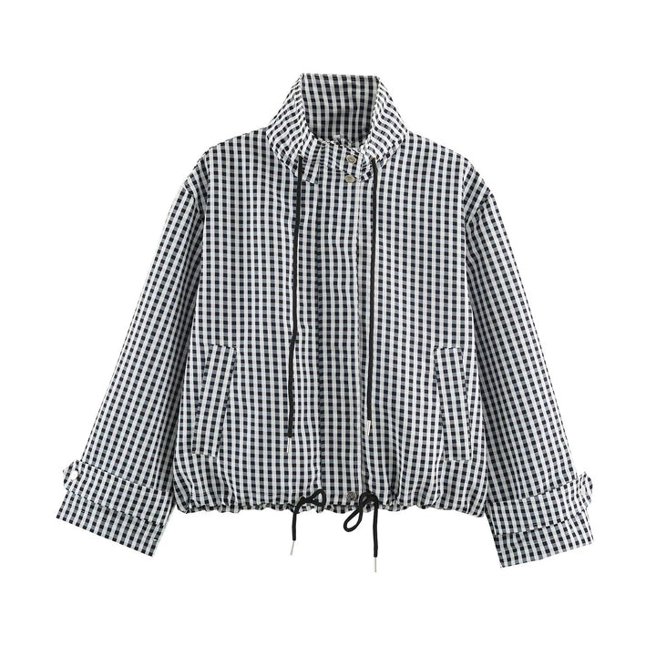 Damen Kurzjacke im Karo‑Look mit Tunnelzugsaum und hohem Stehkragen Echoarchiv