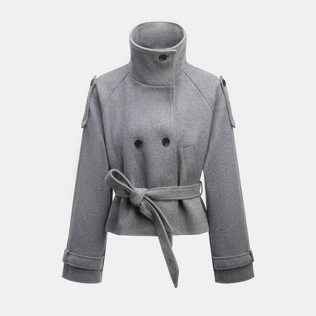 Damen Cropped Wollmix‑Kurzmantel mit hohem Stehkragen, Epauletten und Taillengürtel Echoarchiv