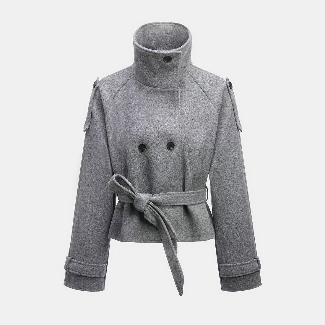 Damen Cropped Wollmix‑Kurzmantel mit hohem Stehkragen, Epauletten und Taillengürtel Echoarchiv