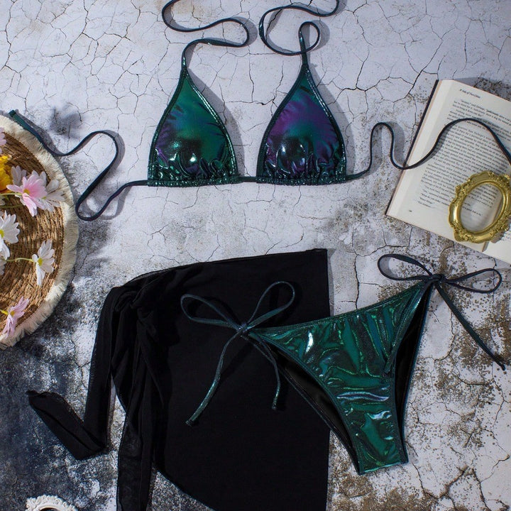 Damen Glänzender Triangel-Bikini mit Wickelrock Echo Archiv