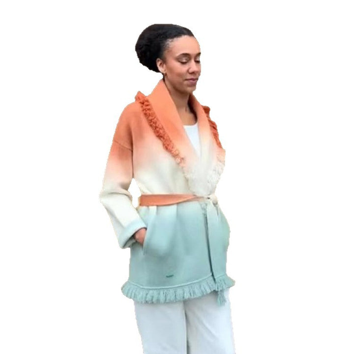 Damen Farbverlauf-Strickcardigan mit Fransen und Schalkragen Echoarchiv