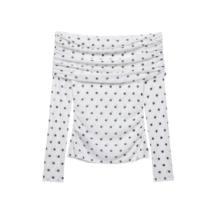 Damen Schulterfreies Langarm-Top mit Wasserfallkragen und Polka-Dot-Print Echo Archiv