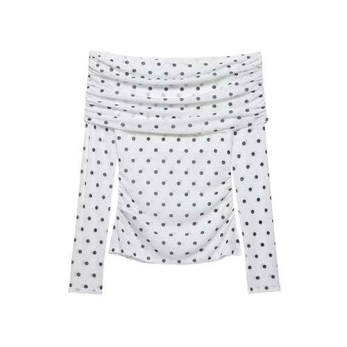 Damen Schulterfreies Langarm-Top mit Wasserfallkragen und Polka-Dot-Print Echo Archiv