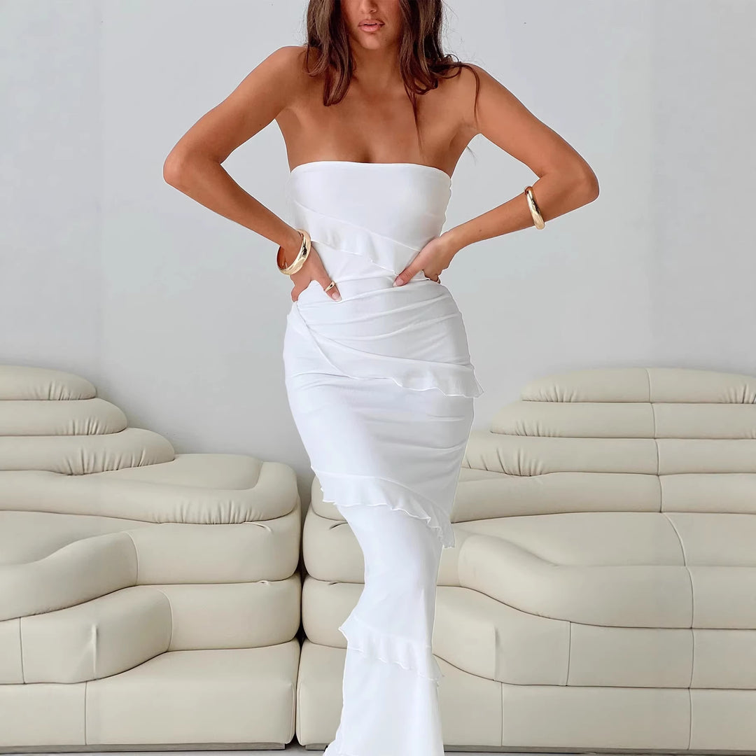 Damen Elegantes Maxi-Kleid mit Rüschendetails und schulterfreiem Design Echo Archiv