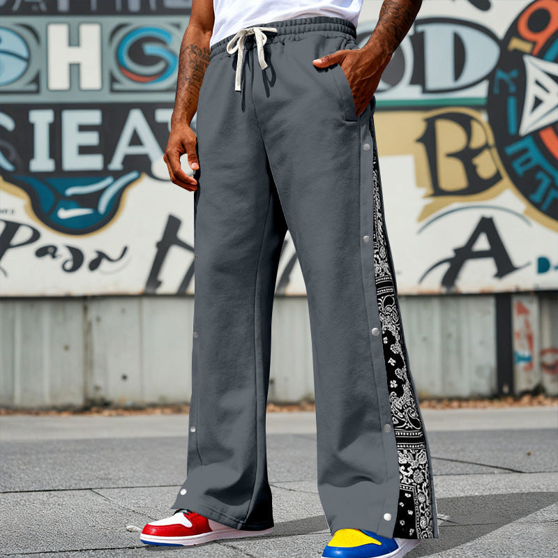 Herren Weite Snap-Trackhose mit Tunnelzug, seitlicher Bandana-Blende und Druckknopfleiste – Sorevano
