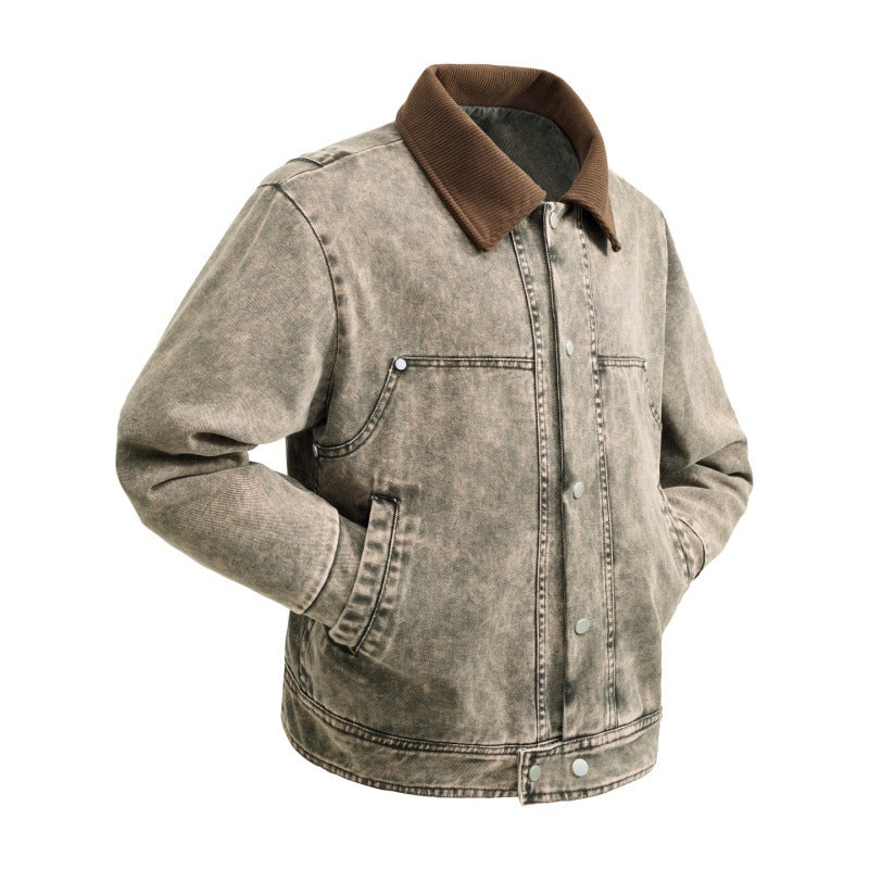 Herren gepolsterte Denimjacke mit Cordkragen, Druckknopfverschluss und praktischen Seitentaschen – Denvaro