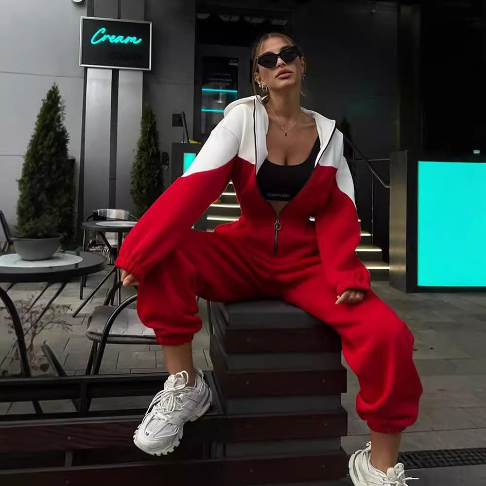 Damen nan zweiteiliges Crop-Zip-Hoodie und Highwaist Relaxhose mit weitem Bein Echo Archiv