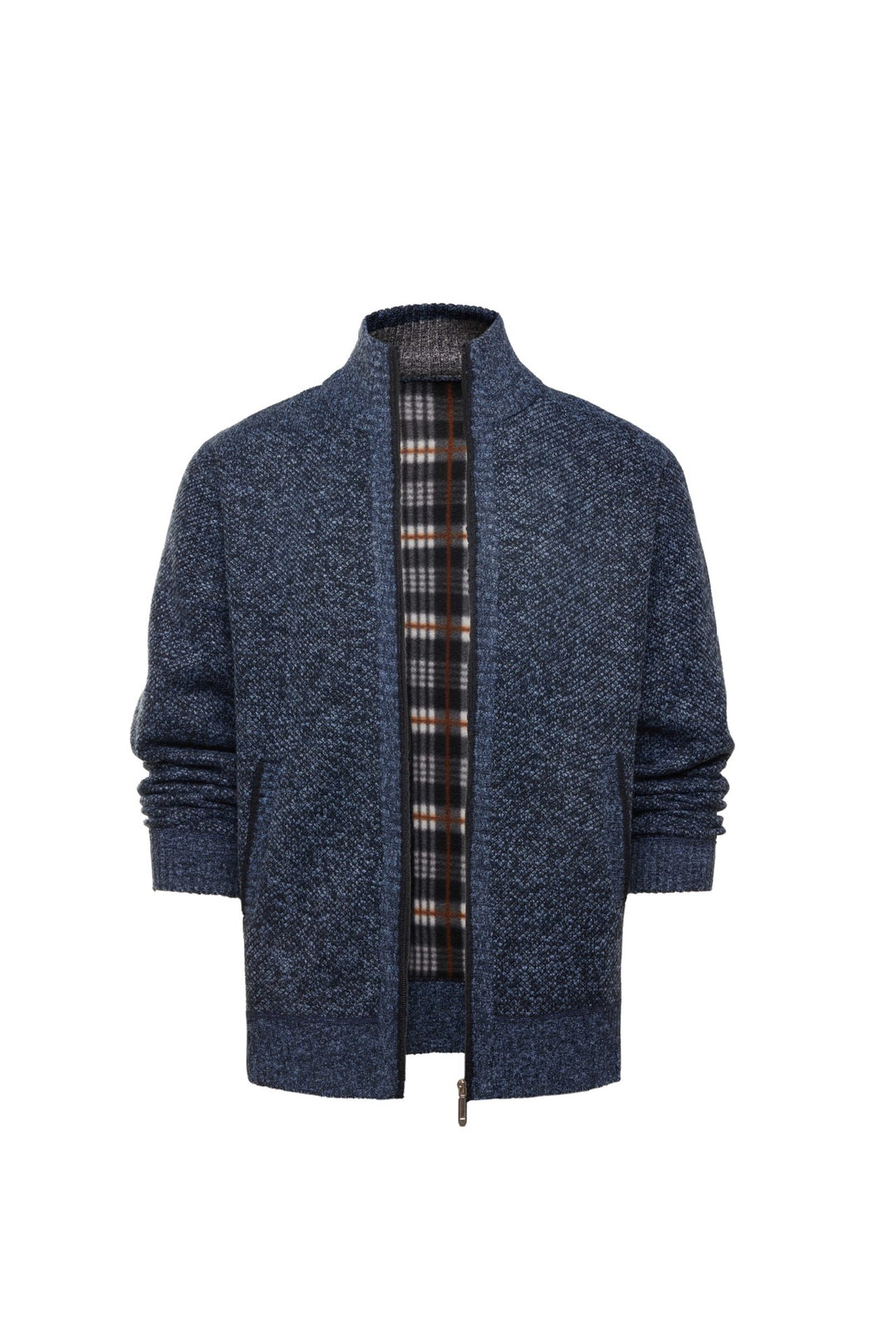 Herren gebürstete Strickjacke mit kariertem Thermofutter und Stehkragen – Taviero