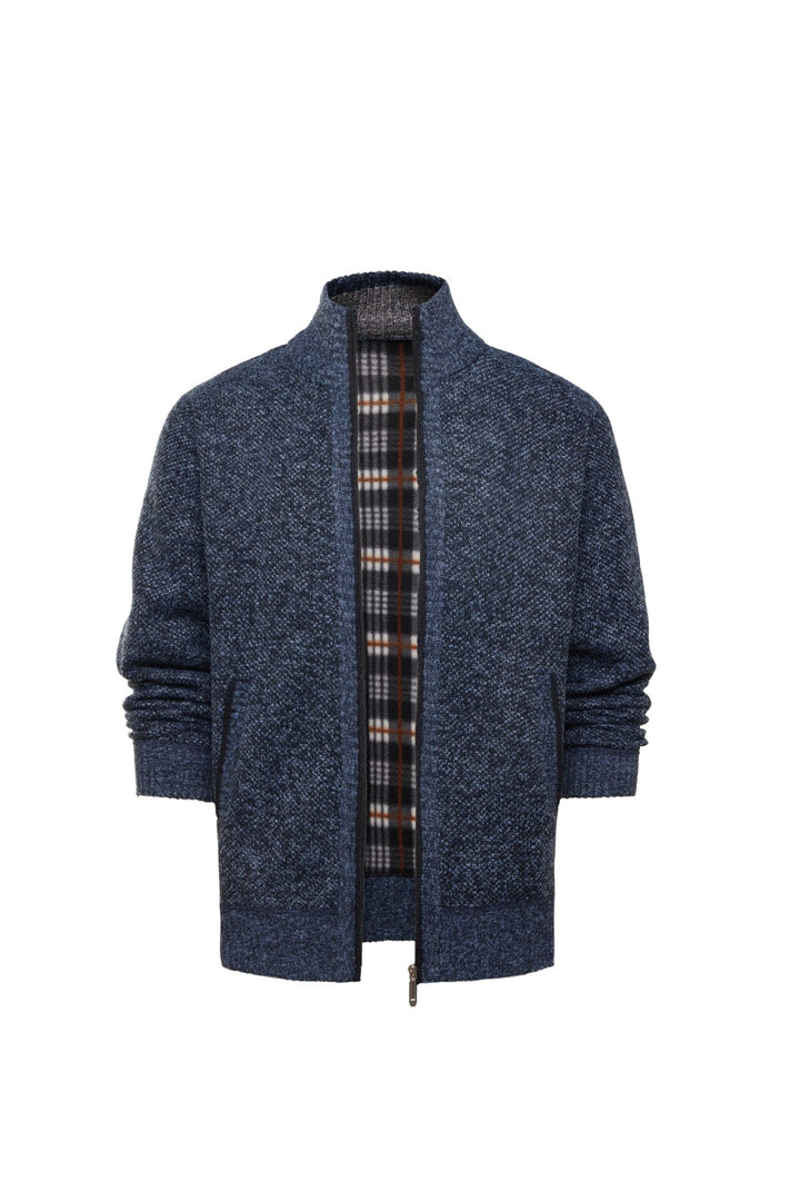Herren gebürstete Strickjacke mit kariertem Thermofutter und Stehkragen – Taviero