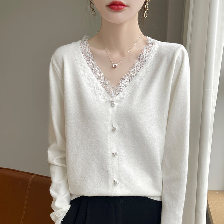Damen Zarter V-Ausschnitt-Feinstrickcardigan mit floraler Spitzenkante und Perlenverzierung Echoarchiv