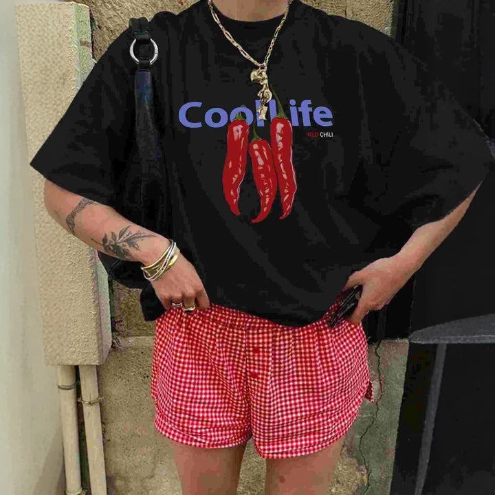 Damen Oversized T-Shirt mit kreativem Chili-Motiv und lässigem Schnitt Echo Archiv