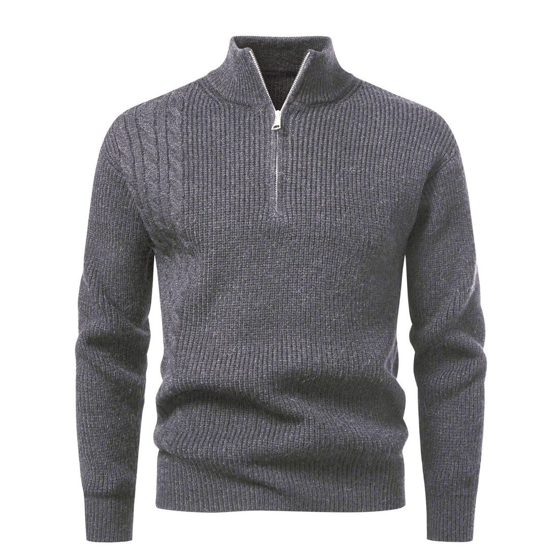 Herren Feinstrick-Halbzip-Pullover mit Stehkragen, Rippstruktur und Schulter-Zopfdetail Echo Archiv
