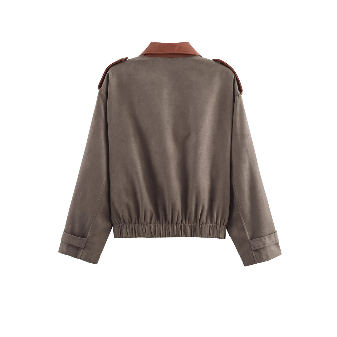 Damen oversized Kurzjacke mit kontrastkragen, Schulterpatten und elastischem Taillenzug – Célinea