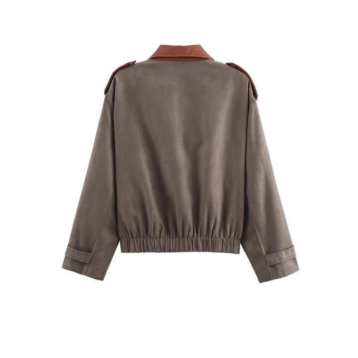 Damen oversized Kurzjacke mit kontrastkragen, Schulterpatten und elastischem Taillenzug – Célinea