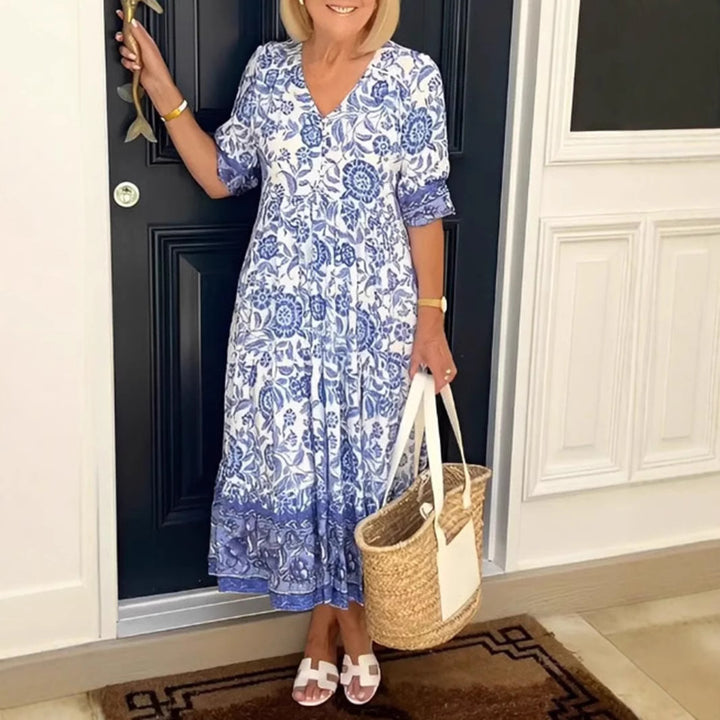Damen nan lässiges Stufen‑Midikleid mit V‑Ausschnitt, geraffter Passe und Volant-Saum Echo Archiv