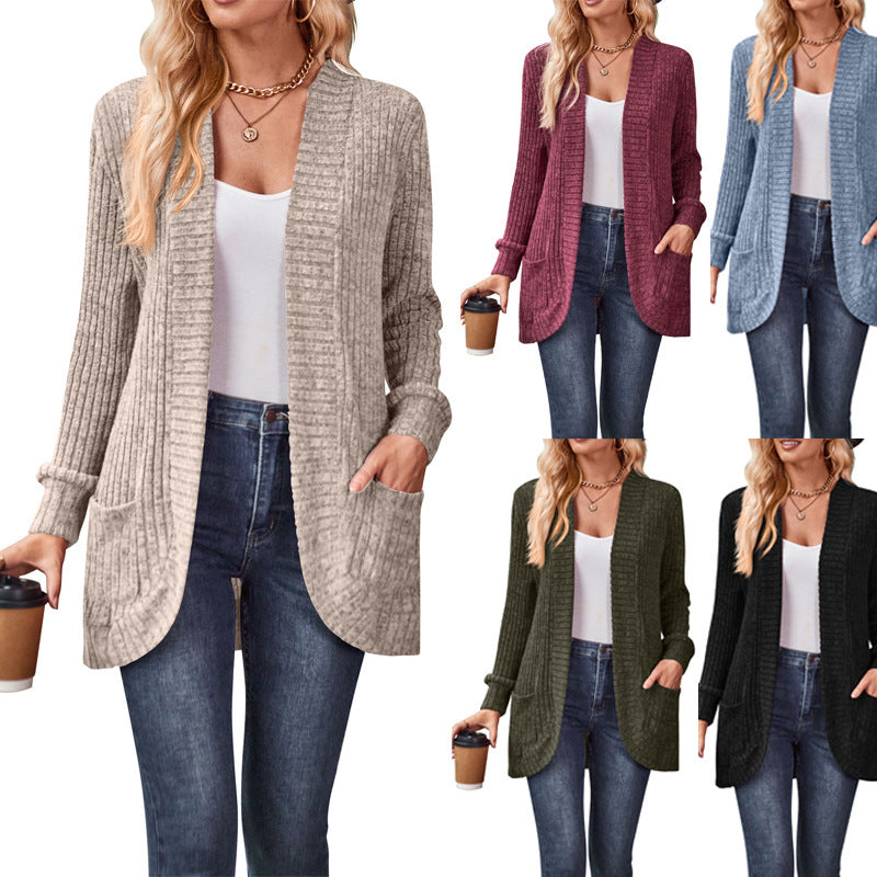 Damen nan langer gerippter Cardigan mit aufgesetzten Taschen und offener Front Echo Archiv