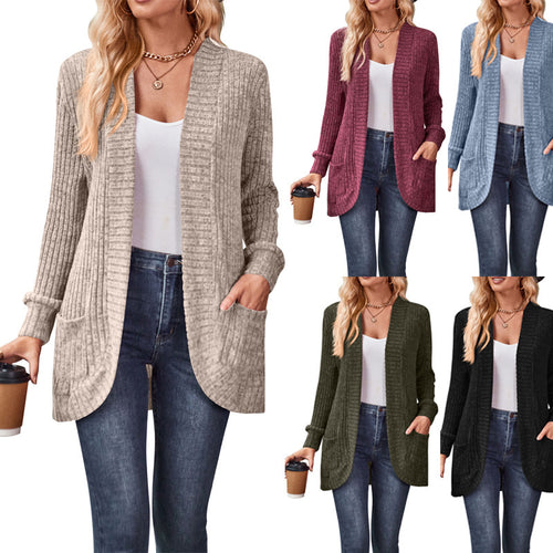 Damen nan langer gerippter Cardigan mit aufgesetzten Taschen und offener Front Echo Archiv