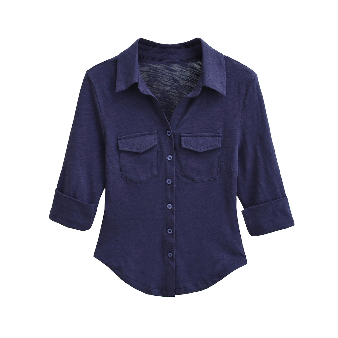 Damen Hemdbluse aus weichem Jersey mit aufgesetzten Brusttaschen und dreiviertelärmeln Echoarchiv