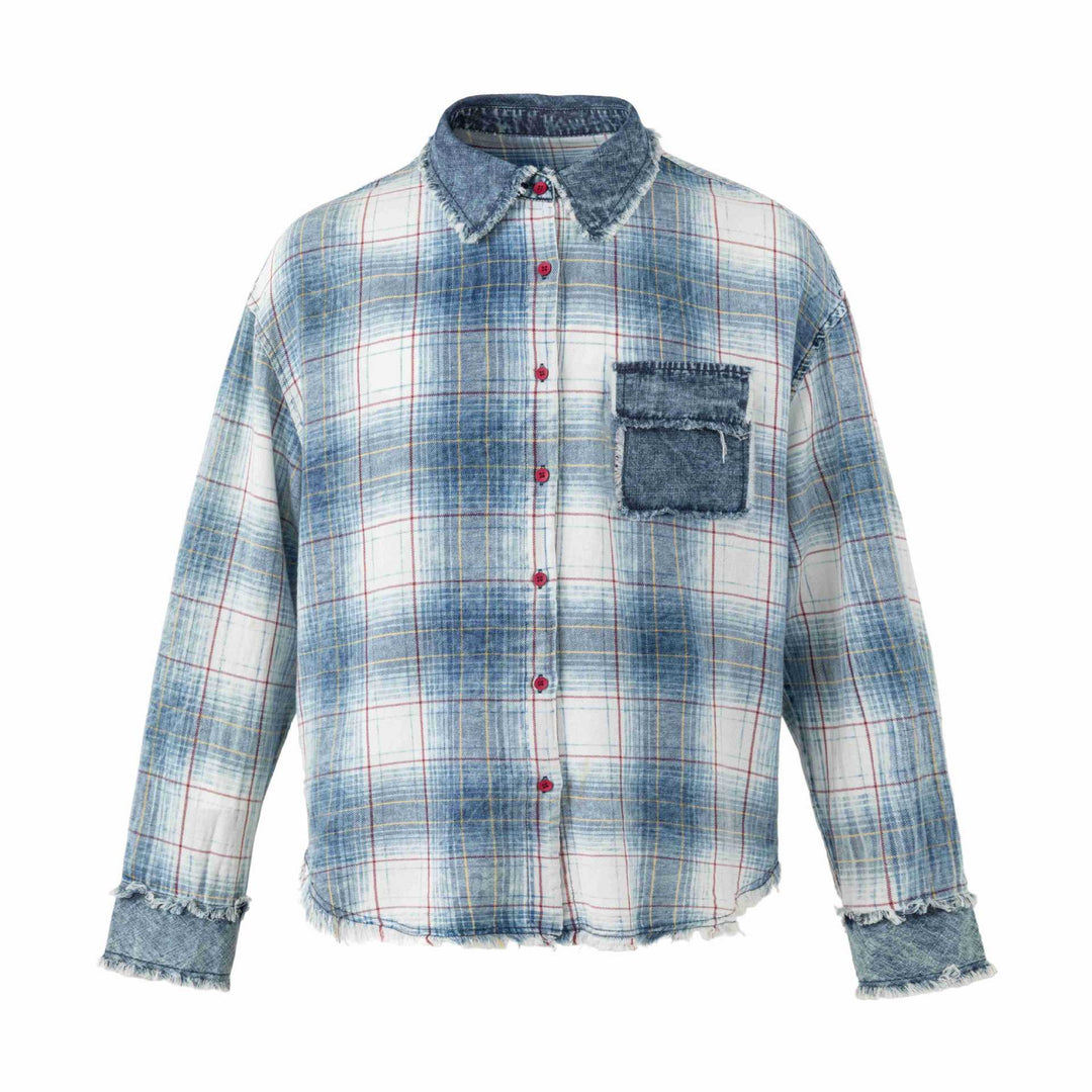 Damen Oversize kariertes Hemdjacke mit Denim-Applikationen und ausgefransten Kanten Echoarchiv