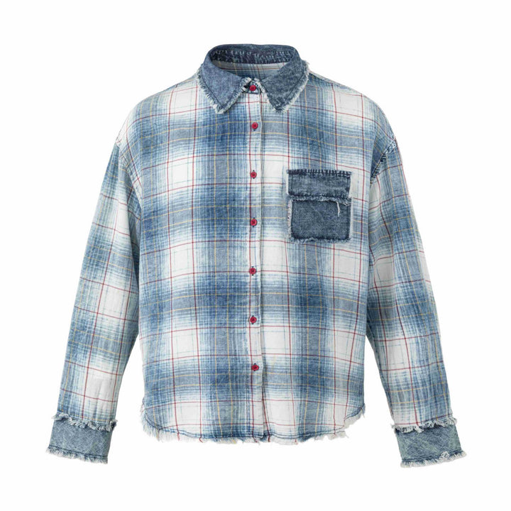 Damen Oversize kariertes Hemdjacke mit Denim-Applikationen und ausgefransten Kanten Echoarchiv