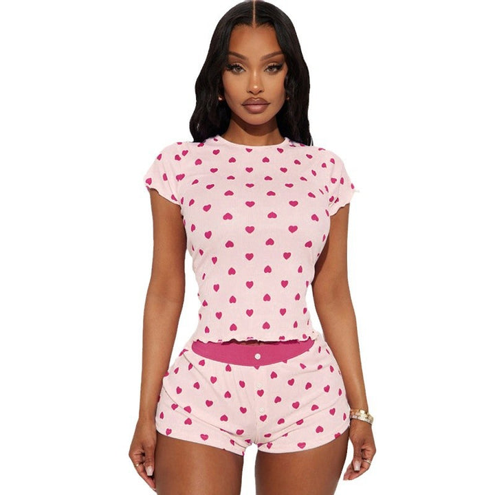 Damen Pyjama Set mit herzförmigem Muster und elastischem Bund Echo Archiv