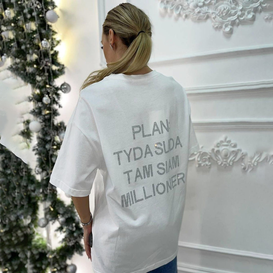 Damen oversized Statement-T-Shirt mit Strassschrift auf dem Rücken – Avérine