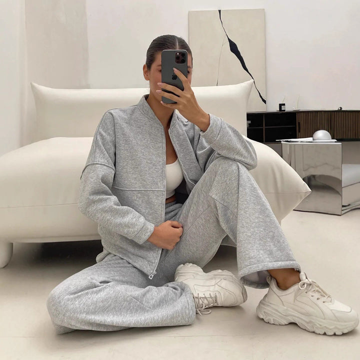 Damen Zweiteiliges Loungewear-Set mit kurzem Bomber-Zip und weiter hochgeschnittener Jogginghose – Auréline