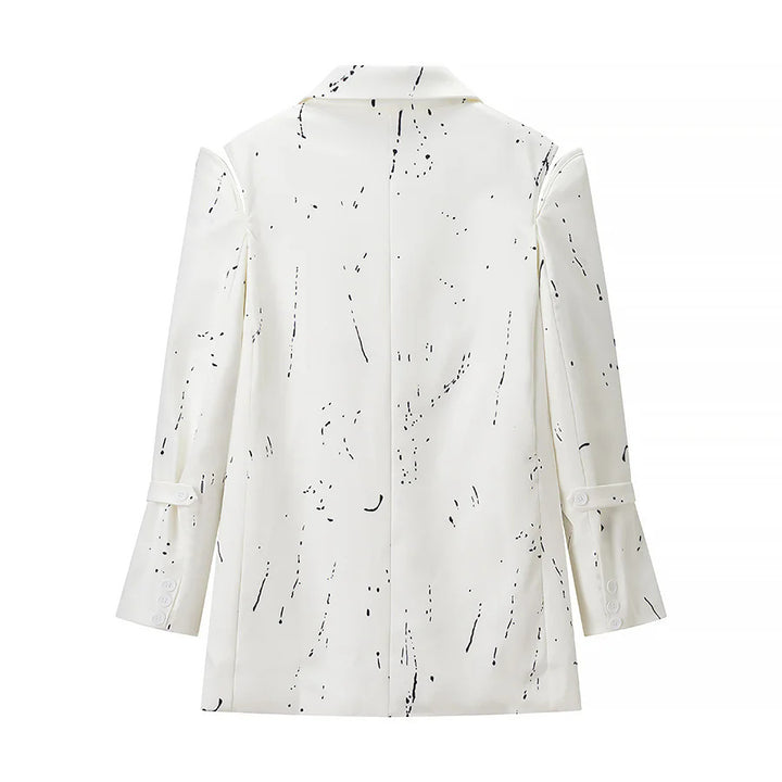 Damen kastiger Kunstseiden-Blazer mit abstraktem Splash-Print, Reverskragen und Pattentaschen – Valéne