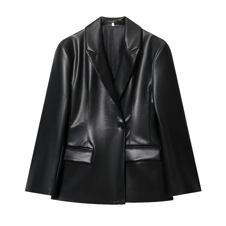 Damen nan luxuriöser veganer Blazer im Lederlook mit schmaler Silhouette, Schalkragen und Pattentaschen Echo Archiv