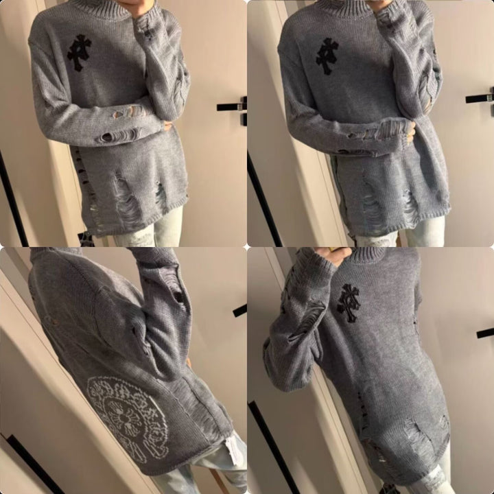 Damen Modischer Grobstrickpullover mit Rollkragen und distressed Design Echoarchiv