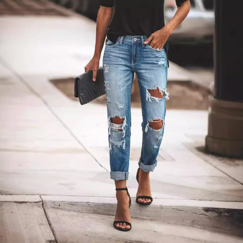 Damen Destroyed Boyfriend Jeans im lässigen Stil mit hohen Rissdetails Echo Archiv