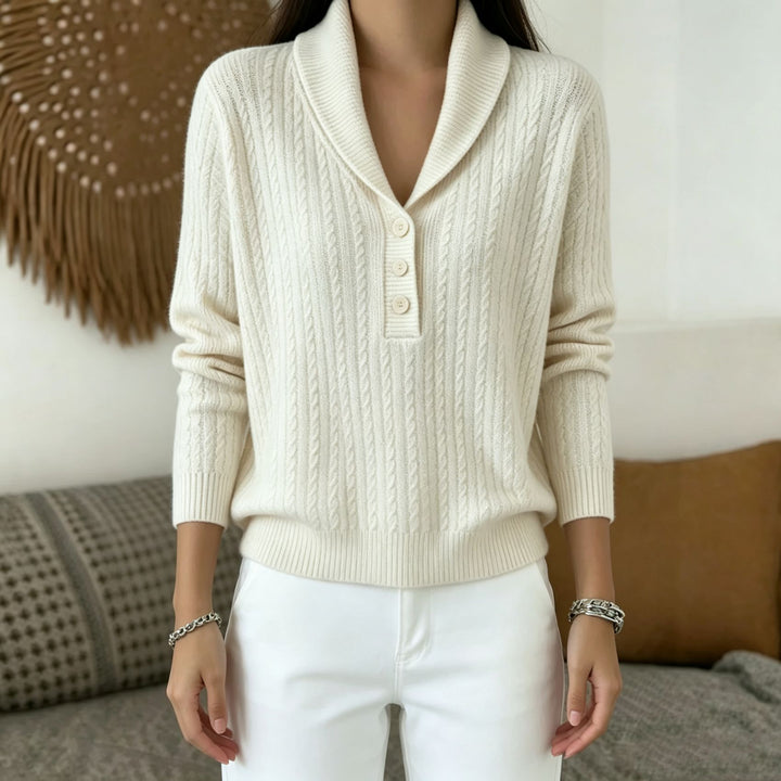 Damen Strickpullover mit Schalkragen, Zopfmuster und Knopfleiste – Mavelle