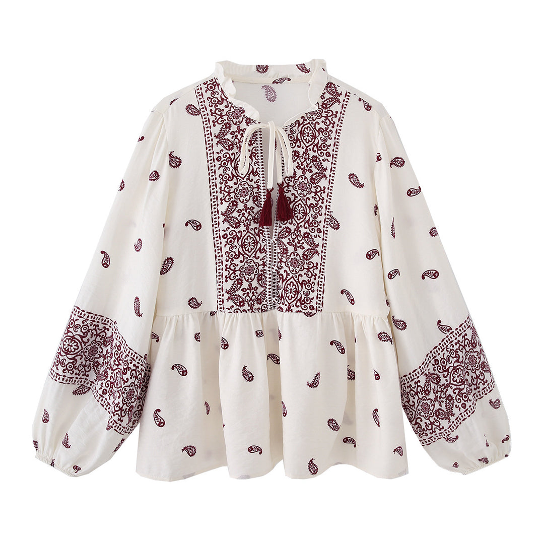 Damen boho Paisley Tunika-Bluse mit Quastenbindegürtel und voluminösen Ballonärmeln – Élovi