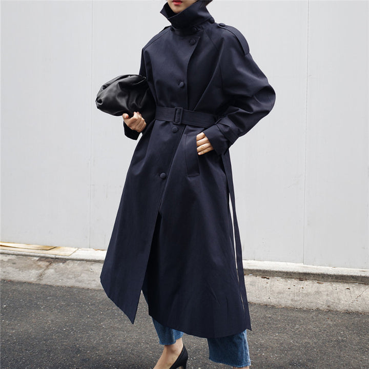Damen Langgeschnittener Trenchcoat mit Taillengürtel und Stehkragen Echoarchiv