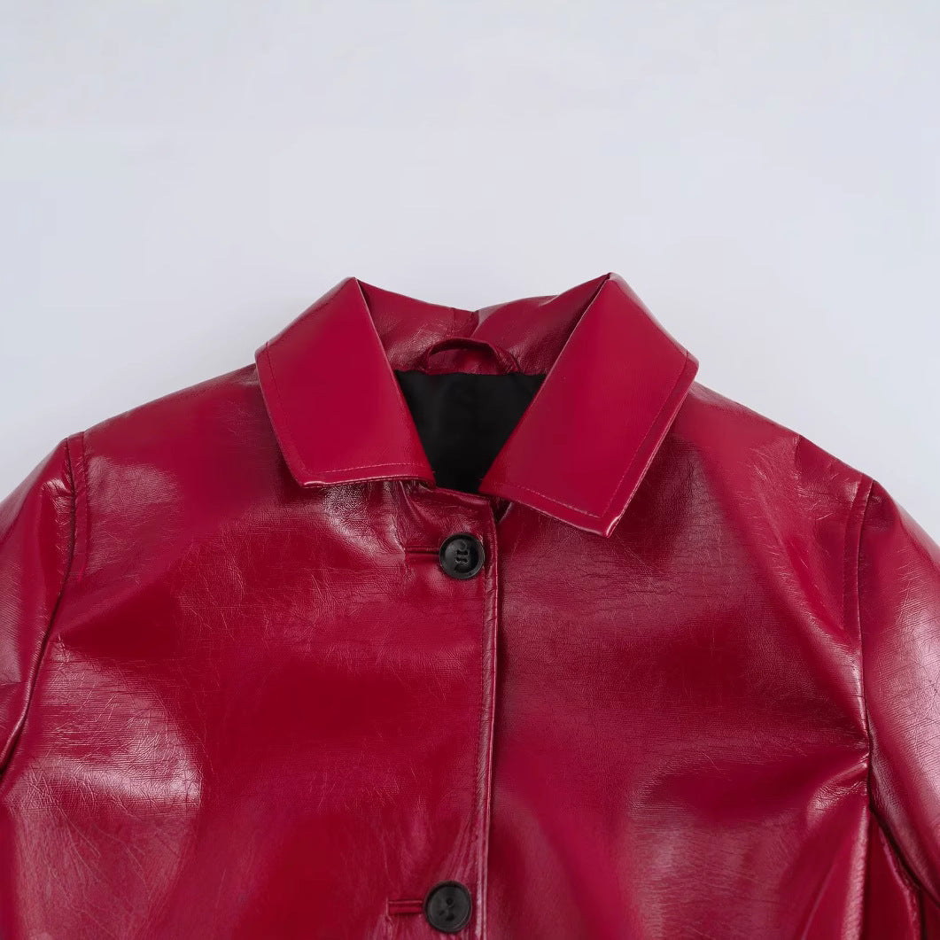 Damen Glänzende Kunstleder-Blusenjacke im Boxy‑Schnitt mit Hemdkragen Echo Archiv