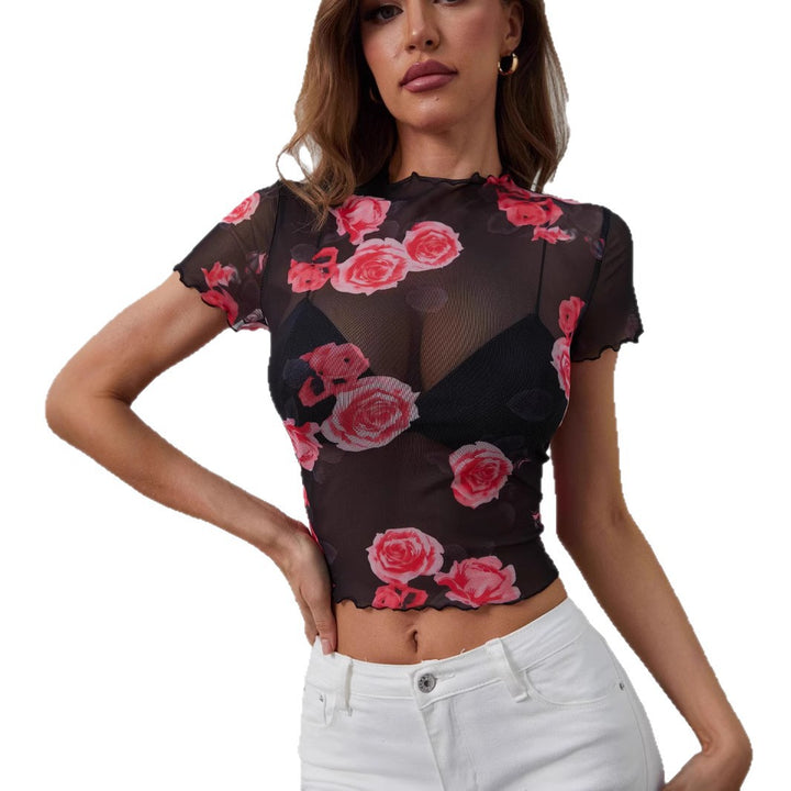 Damen nan tailliertes Netz-Crop-Top mit Rosenprint, Stehkragen und welligem Saum Echo Archiv