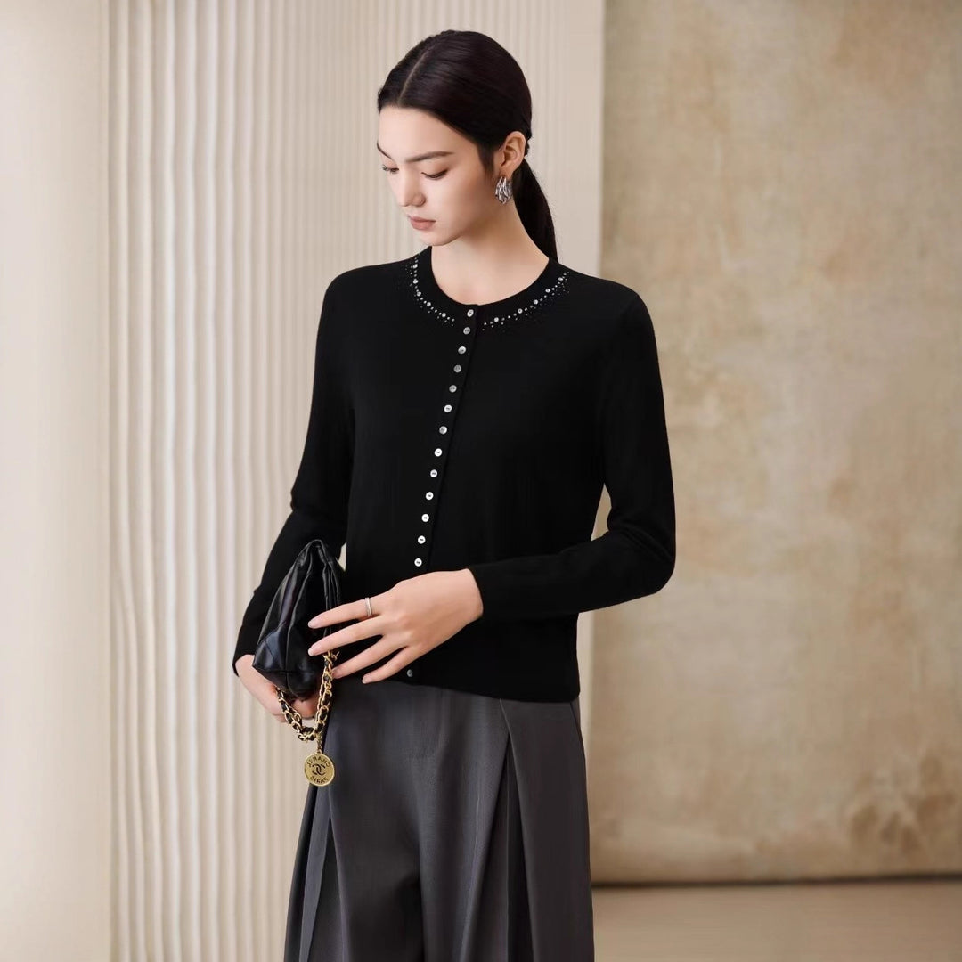 Damen Feiner Feinstrick-Cardigan mit Perlendekor am Rundhalsausschnitt Echo Archiv