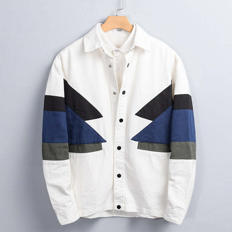 Herren Baumwoll-Overshirt im Layering-Stil mit geometrischen Colorblock-Einsätzen und Druckknopf-Leiste Echoarchiv