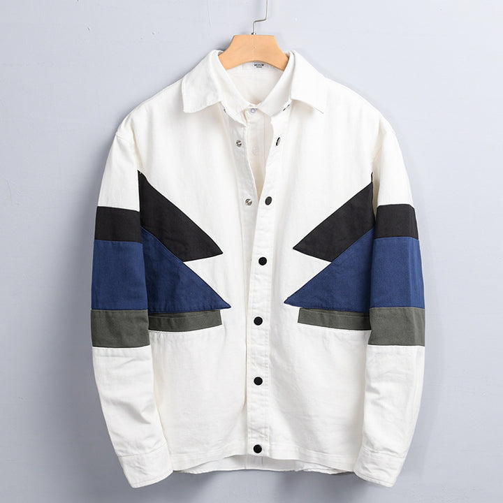 Herren Baumwoll-Overshirt im Layering-Stil mit geometrischen Colorblock-Einsätzen und Druckknopf-Leiste Echoarchiv